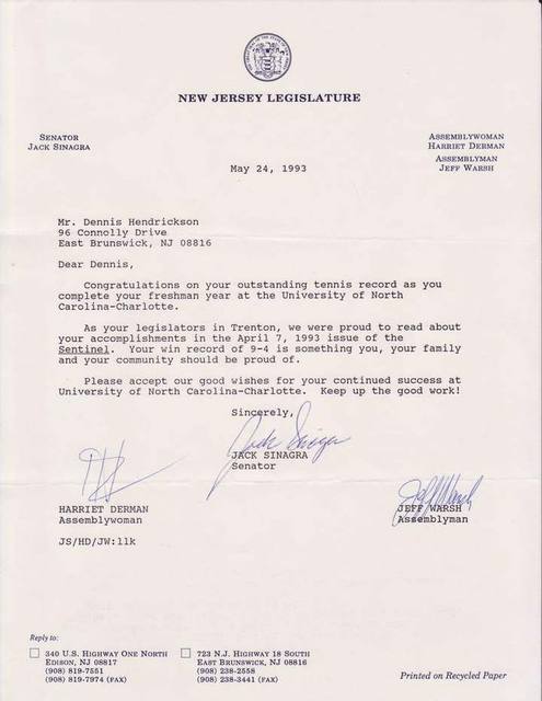 New Jersey Legislature letter, May 24, 1993, congratulating Dennis on his freshman year at UNC Charlotte.