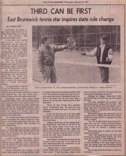 The Star-Ledger, March 14, 1991. Third Can Be First: East Brunswick tennis star inspires state rule change.