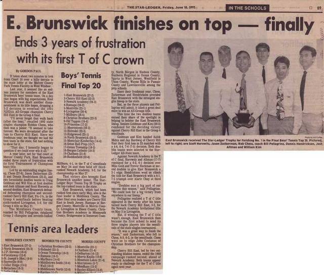 The Star-Ledger, June 19, 1992. East Brunswick wins its first Tournament of Champions. Dennis third from right with the team and trophy.